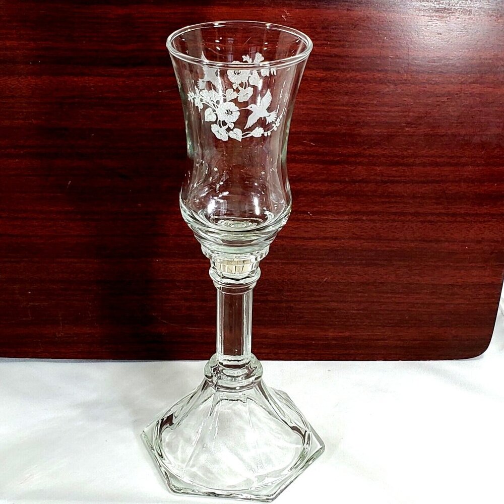 Home Interior Hummingbird Candlestick Holder 11" votive holder etched glass - Picture 1 of 9